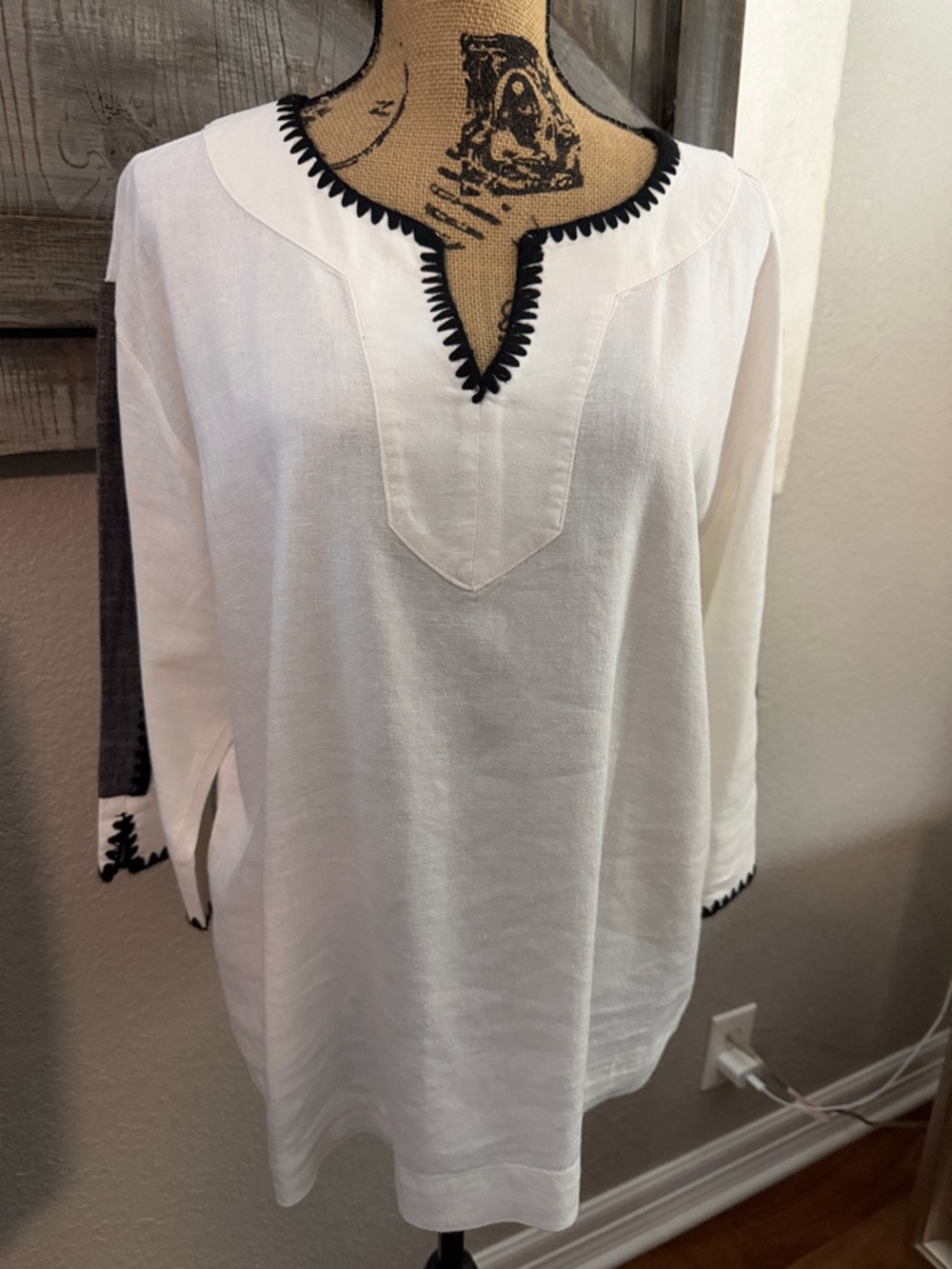 White V-Notch Tunic with Black Trim